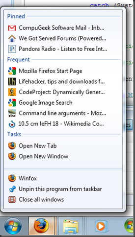 Firefox, Windows 7 Jumplist
